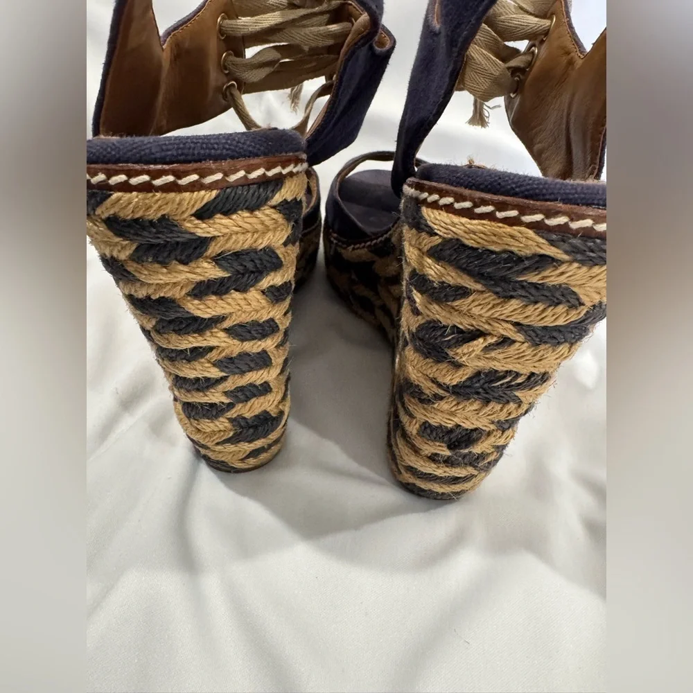 Tory Burch Navy and Tan Espadrille Wedges